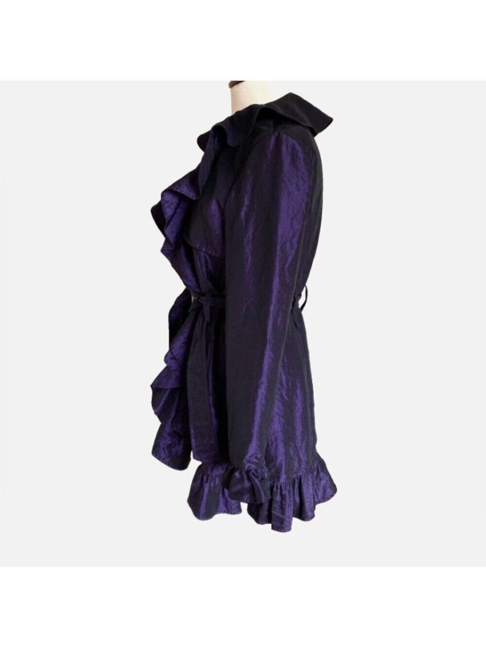Vintage 90s Joseph Ribkoff Purple Crushed Satin Ruffle Trim Jacket Belted Sz 6 - Picture 4 of 12